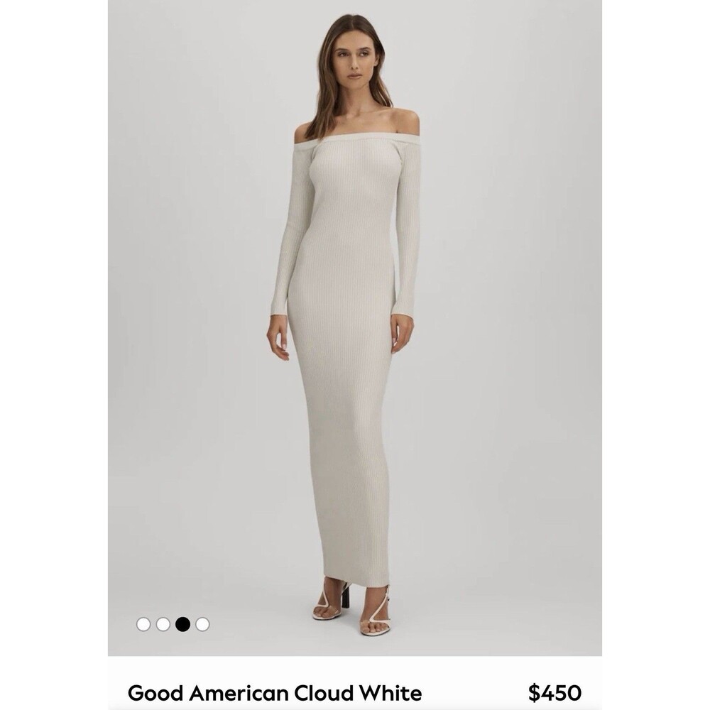 Good American L Ribbed Off Shoulder Maxi Dress Cloud White Bodycon Minimalist